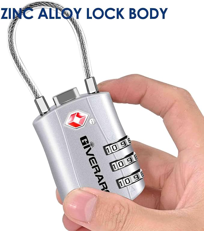 GIVERARE 2 Pack TSA Approved Luggage Locks, Combination Travel Cable Lock, Re-settable 3-Digit Padlocks with Alloy Body, Keyless TSA Padlock for Gym Locker, Golf Bag Case-Silver