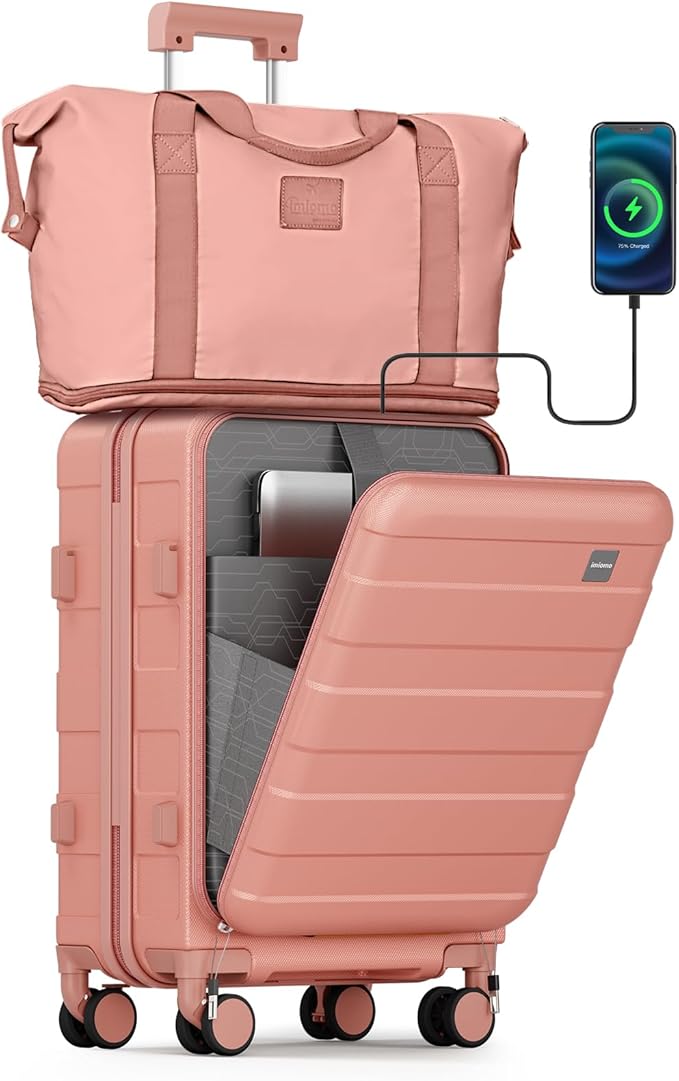 imiomo Carry on Luggage Airline Approved with Front Pocket and USB Port, Hard Shell 20 Inch Travel Carry-on Suitcase with Spinner Wheels and TSA Lock, Pink