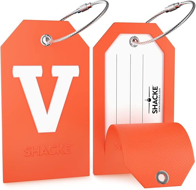 Shacke Initial Luggage Tag with Full Privacy Cover and Stainless Steel Loop – (Letter V)