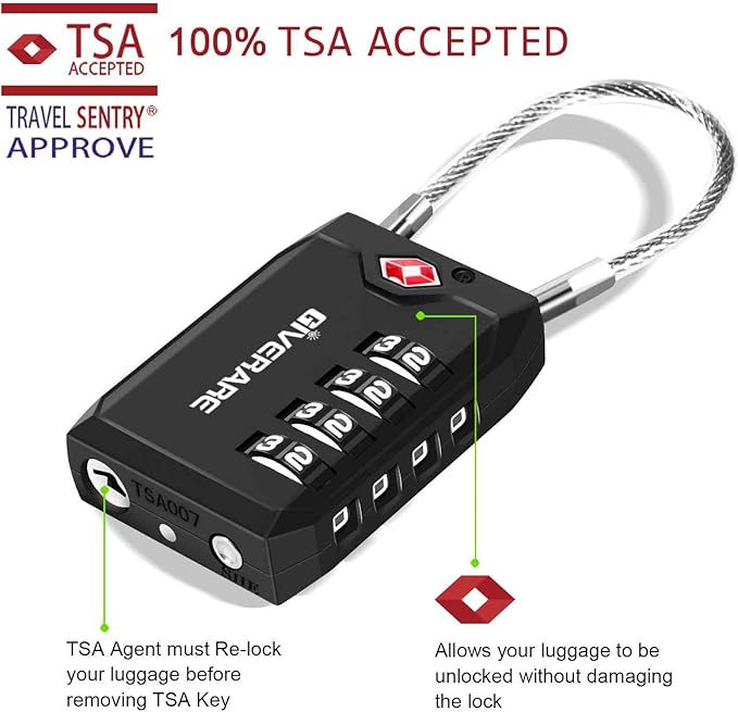 2 Pack TSA Approved Travel Luggage Locks, 4-Digit Cable Combination Suitcase Lock, Metal Alloy Padlocks, Weatherproof Padlock for Locker, Bag, Gun Case, Backpack, Anti Theft, Easy Read Dials-Black