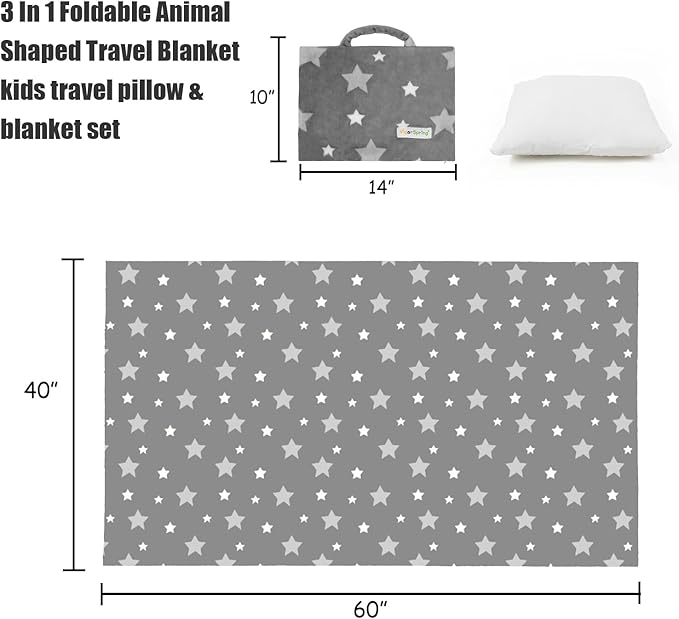 3-in-1 Kids Travel Pillow and Blanket Set - 40x60 Inches Soft Grey Star Design | Travel Blanket Airplane Compact with Bag | Ideal for Travel, Camping, Car Rides & Home Decor