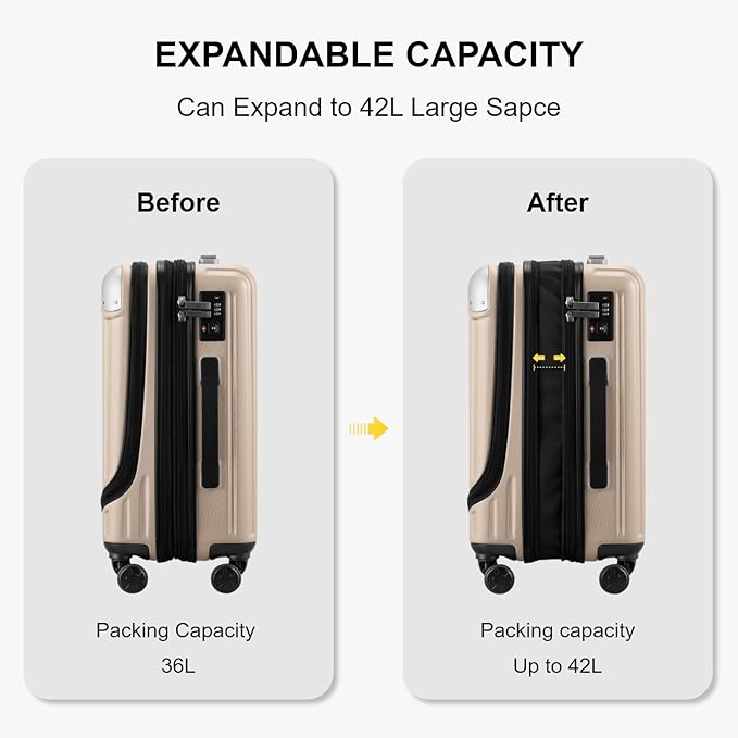 LEVEL8 Grace Carry on Luggage with Front Compartment, 20 Inch Expandable Hardside Suitcases with Wheels, Abs+Pc Harshell Spinner Luggages with Tsa Lock, Travel Bag for Women Men, Champagne