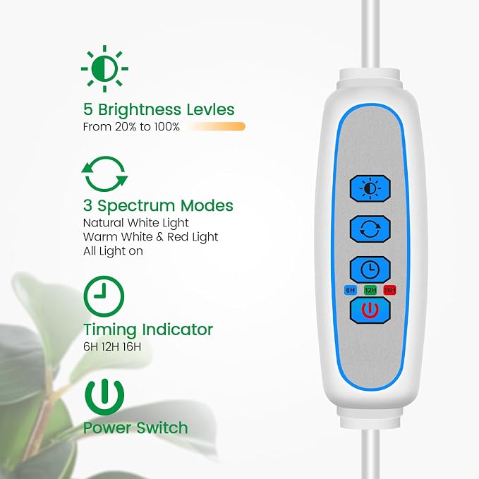 Plant Lights for Indoor Growing, 80 LEDs Full Spectrum, Up to 65'' | 6000K Grow Lights for Indoor Plants, 3 Colors Modes, 5 Dimmable Levels, 6/12/16H Timer, Soil Insert