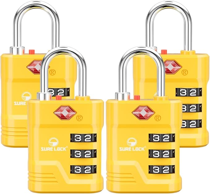 SURE LOCK TSA Approved Luggage Lock – 3-Digit Resettable Combination Padlock with Open Alert Red Dot, Large Easy-Read Dials for Suitcases, Backpacks, Gym & School Lockers(Yellow 4 pk)