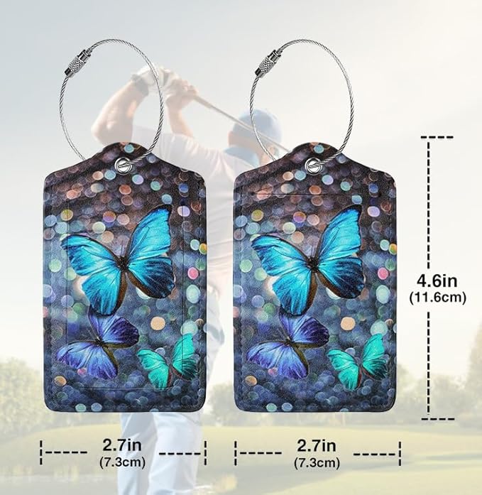 Colorful Butterfly Luggage Tag Set of 2 Leather Luggage Tag with Name Card PU Baggage Tags for Women Men Travel,Fun Laggage Tags (Butterfly)