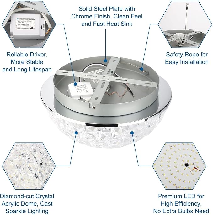 LED Ceiling Light Fixture Flush Mount, Crystal Chandelier Modern Ceiling Light for Kitchen, Hallway, Living Room, Foyer, Closet, 12In 15W 1640LM, 3/4/5000K CCT Selectable, Dimmable