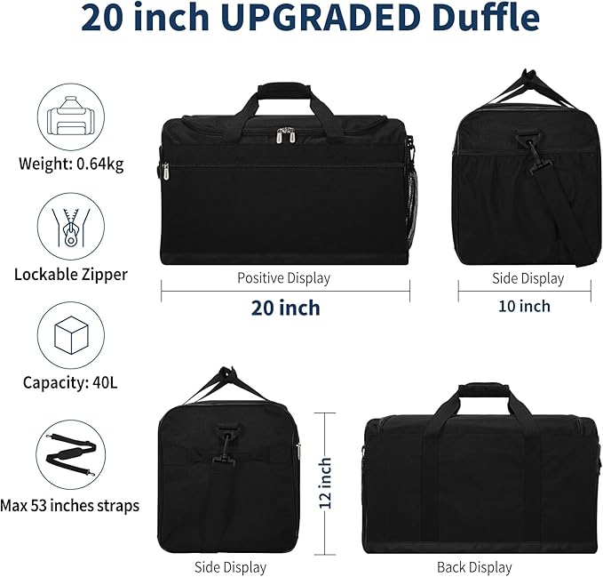 Gym Bag 20 inch Sport Duffle Bag for Men - 40L Weekender Duffel Bag for Travel - Black