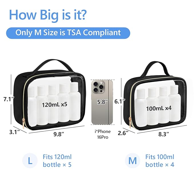 PACKISM Clear Makeup Bag Combo Pack, 1 TSA Approved Medium & Large for Checked Luggage, Clear Toiletry Bag with Handle, Water-resistant Travel Essentials Organizer, Black