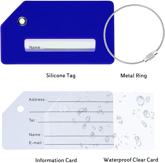 10 Pack Silicone Luggage Tag for Suitcases with Stainless Loop, TSA Approved, Privacy Protection Travel Essentials Bag Tags by Gostwo, Blue