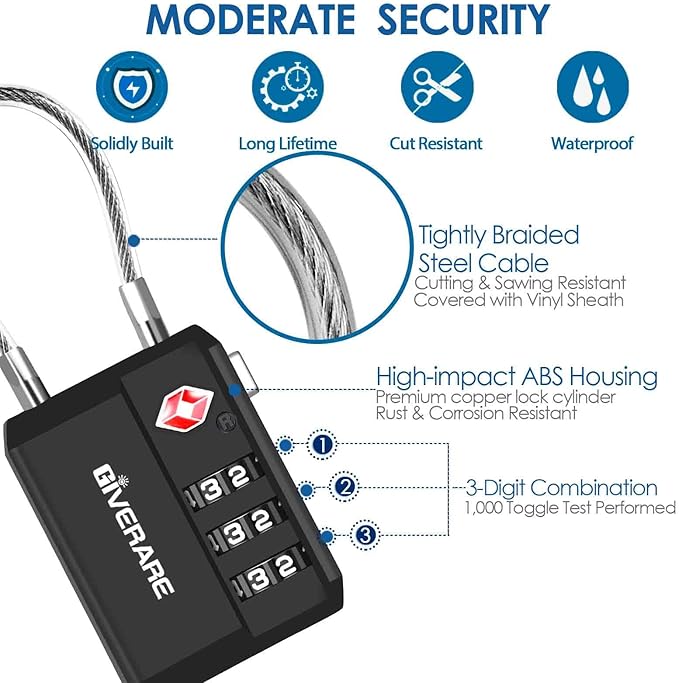 2 Pack TSA Approved Travel Luggage Locks, Cable Combination Lock 3-Digit, Keyless Suitcase Padlocks, Weatherproof Padlock for Locker, Golf Bag, Gun Case, Backpack, Anti Theft, Easy Read Dials-Black