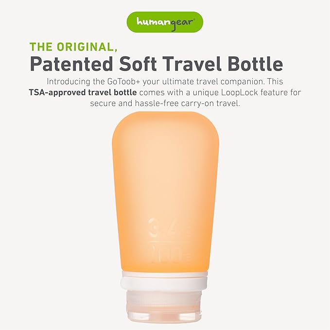 humangear GoToob+ (Large) | Refillable Silicone Travel Bottle | Locking Lid | Food-Safe Material | Orange, Large (3.4 fl.oz.; 100ml)