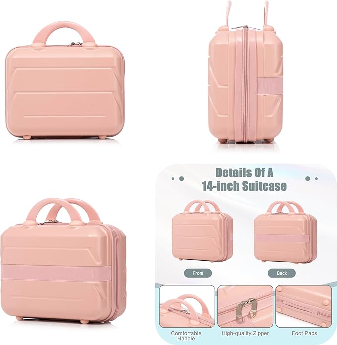 2-Piece ABS Hard Shell Lightweight Carry-On Luggage Set (14" & 20"), 360-Degree Spinner Wheels, Adjustable Telescopic Handle and Combination Lock for Travel, Pink