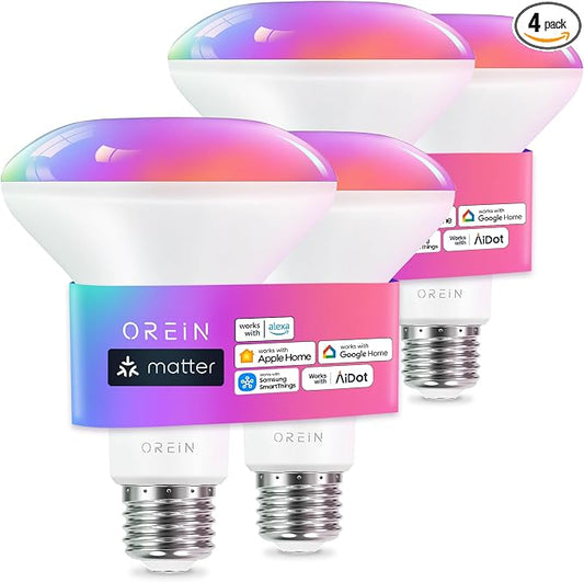 OREiN Matter BR30 Smart Bulbs, 650LM RGBTW Color Changing Led Bulb, 4 Pack | 60W Smart Flood Light Bulb Compatible with Alexa, Apple Home, Google Home, SmartThings,2.4Ghz WiFi Only Smart Light Bulbs