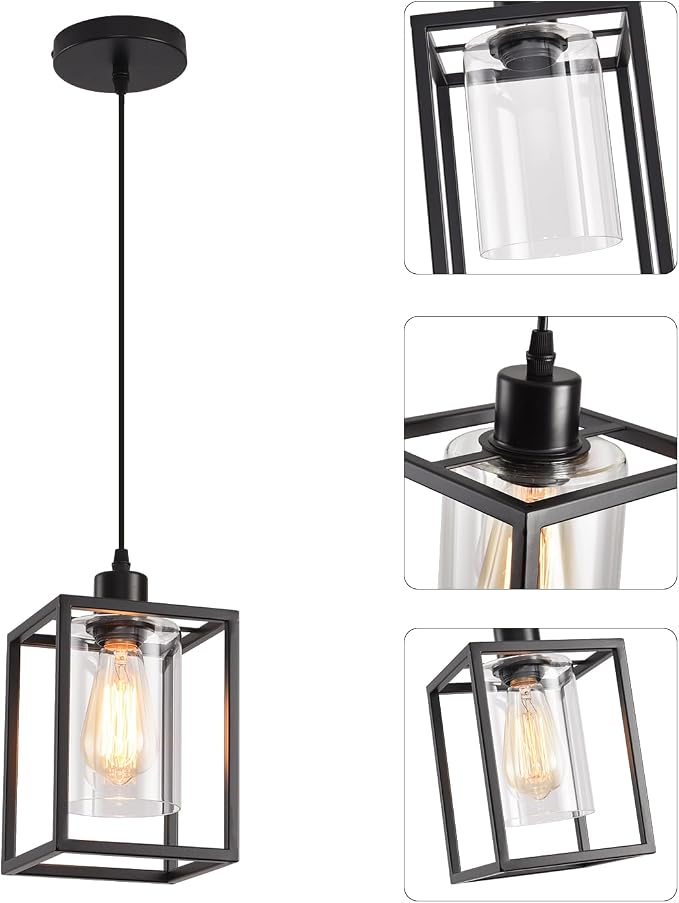 3 Pack Black Pendant Lights for Kitchen Island Industrial Lantern Pendant Light Fixtures with Clear Glass Shade, Farmhouse Adjustable Height Hanging Pendant Lighting for Dining Room