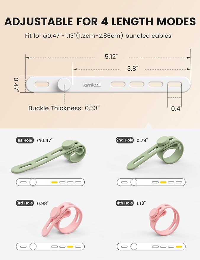 Lamicall 20Pack Silicone Cable Ties Cord Organizer - Elastic Durable Reusable Cord Straps, Cable Wraps Management, Home Office Dorm Organizer Ties for Phone Charger Electrical Wire, Travel Essentials