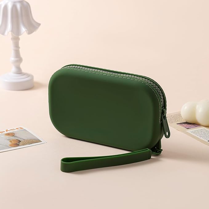 Small Silicone Multifunctional Essential Bag Portable Travel Makeup Bag for Women Men Cards Cash Bag Zipper Pouch (Green)