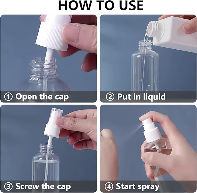 4 Pack 3.4 Oz (100ml) TSA Approved Travel Bottles, Travel Size Containers Spray Bottles with Labels - Fine Mist, Refillable, Reusable, Leak Proof