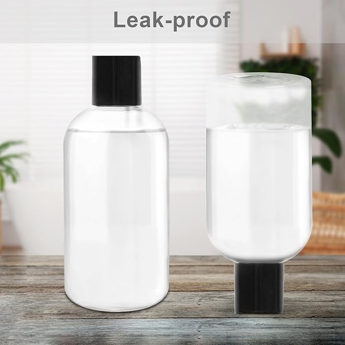 6 Pack 8 oz Empty Plastic Bottles with Black Disc Caps Reusable Clear Leak-Proof Travel Squeeze Containers for Shampoo Conditioner Toiletries Liquid Soap