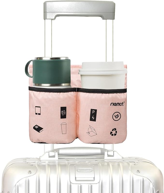 riemot Luggage Travel Cup Tablet Holder - Hold Ipad Books Passports Tickets Water Bottles - Fits Roll on Suitcase Handles - Gifts for Flight Attendants Travelers Accessories Pink