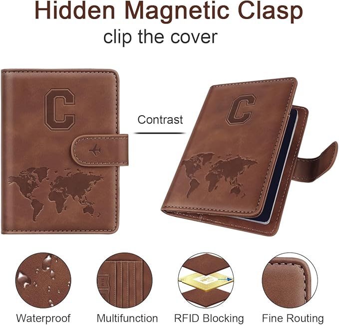 Passport Holder Wallet Cover Personalized Letter A-Z Travel Wallet RFID Blocking Passport Cover Wallet Case for Travel Passport Book Holders for Women and Men, Brown-C