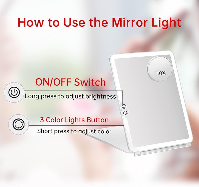 FUNTOUCH Rechargeable Large Travel Makeup Mirror with Lights, 2500mAh 10x7.5 Portable Lighted Makeup Mirror with 3 Color Lights, Dimming Folding Light Up Travel Mirrors with 10X Magnifying Mirror
