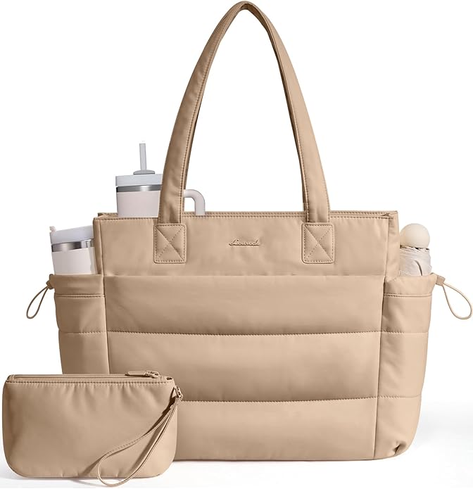 LOVEVOOK Tote Bag for Women with Giant Tumbler Holder Pocket, Puffer Work Travel Laptop Handbag with Zipper for Nurse Teacher