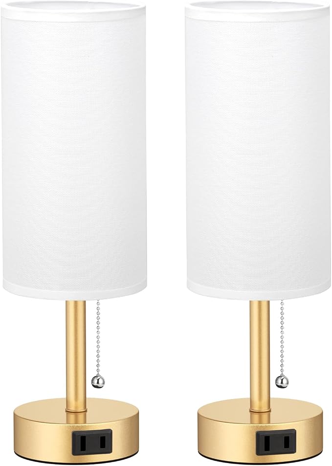 Gold Bedside Table Lamps Set of 2 - Bedroom Lamp for Desk, AC Outlet | 3CCT(3000K/4000K/5000K), LED Bulbs Included, White Fabric Lampshade, 14in Small Lamp for Nightstand, Guest Room, Living Room