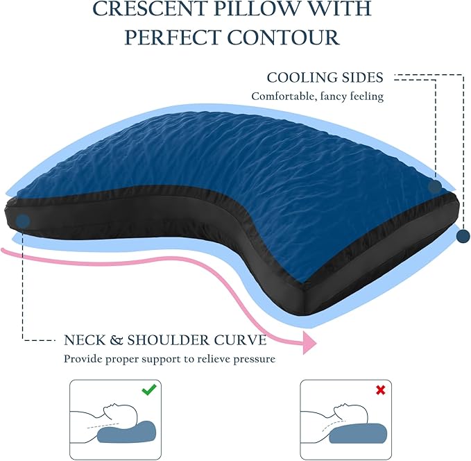 Cooling Contour Pillow for Side and Back Hot Sleepers Curved Pillow for Neck and Shoulder Pain Relief – Adjustable Shredded Memory Foam Pillow with Washable Cover Black, Black Queen Size
