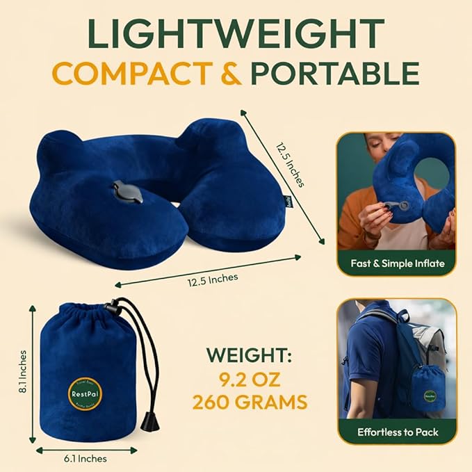 Inflatable Travel Neck Pillow with Adjustable Memory Foam Sides | Lightweight, Soft & Portable Support (Navy Blue, Standard)