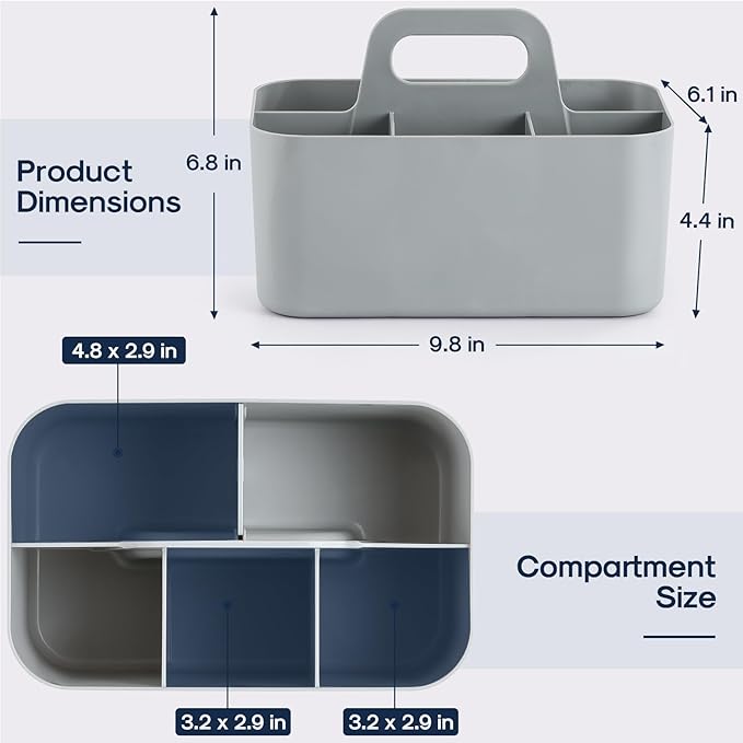 Multiuse Caddy Organizer with Handle, Portable Divided Plastic Tote Bin - Art Craft, Stationary Pen Marker Crayons, Makeup Hair Supplies Storage - Bathroom, Classroom, Dorm, Office, Desk Holder - Grey