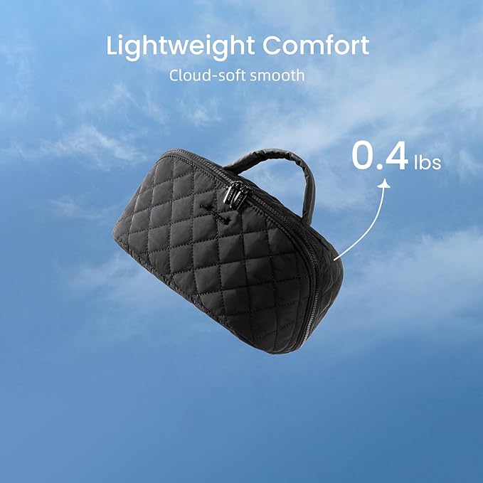 LOVEVOOK Travel Makeup Bag for Women, 2Pcs Puffer Waterproof Cosmetic Organizer, Large Capacity Pouch Open Flat Small Toiletry Bag with Brush Compartment & Handle (Black, Medium)