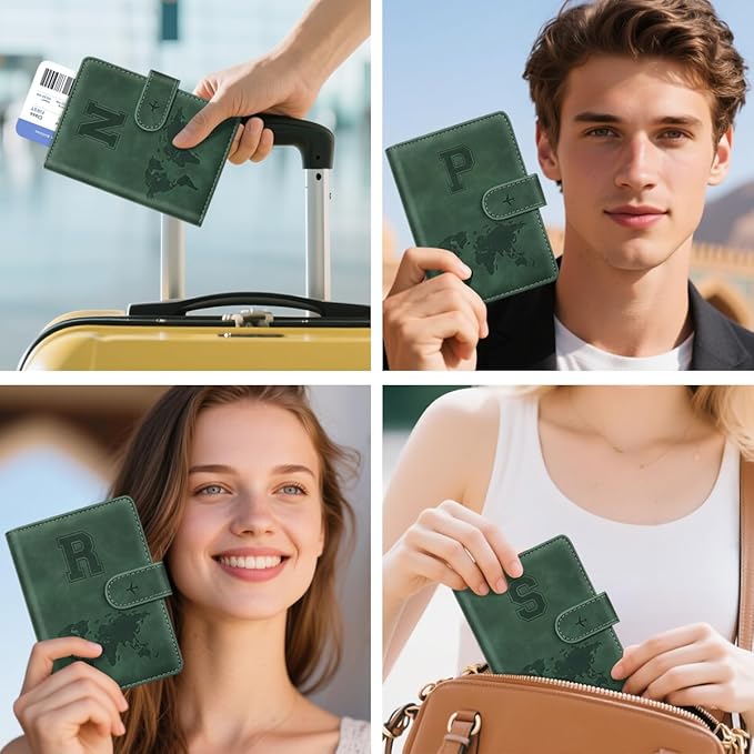 Personalized S Passport Holder Cover Initial Letter Travel Wallet RFID Blocking Passport Cover Credit Card Holder Case Passport Book Holders for Women and Men, Pine Green-S