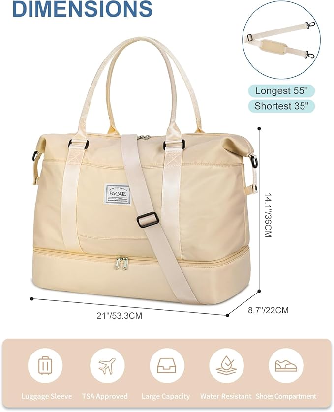 BAGAIL Travel Duffel Bag - Weekender & Overnight Gym Carry On Tote with Wet Pocket - Hospital Mom Bag for Labor and Delivery - Extra Large, Beige