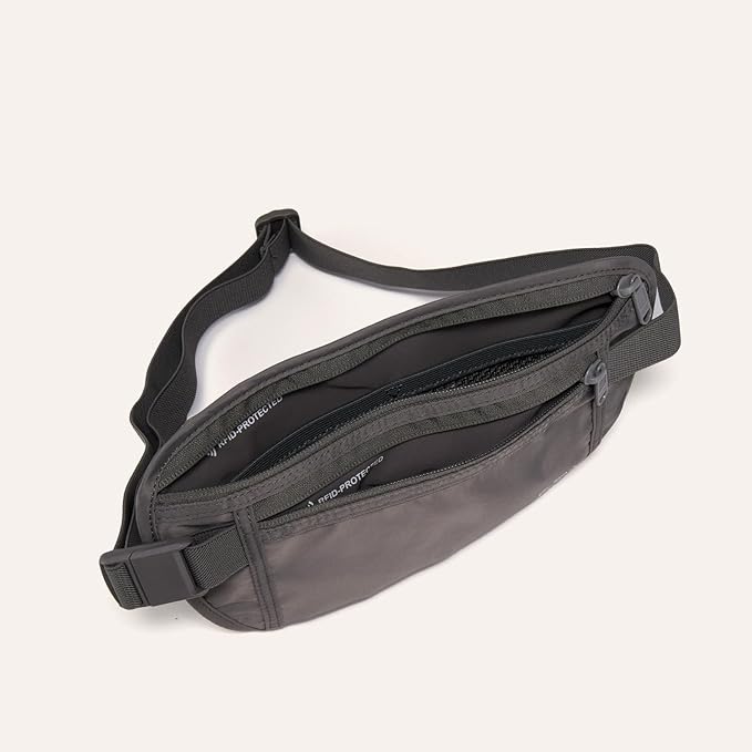 Pander RFID Blocking Travel Money Belt – Hidden Waist Pouch for Passport, Cash, Cards, Slim Belt Bag for Men and Women, Dim Grey