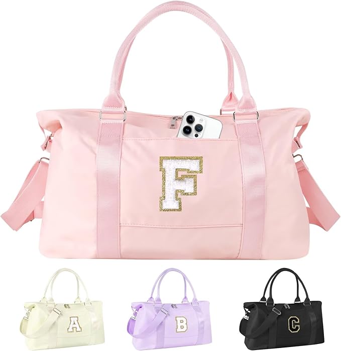 Dance Gym Duffel Bag for Teen Girls, Personalized Initial Travel Weekender Bag,Cute Overnight Carry On Duffle for Women,Sports Travel Cheer Bag,Monogram Christmas Gifts for Tween Preppy(pink-F)
