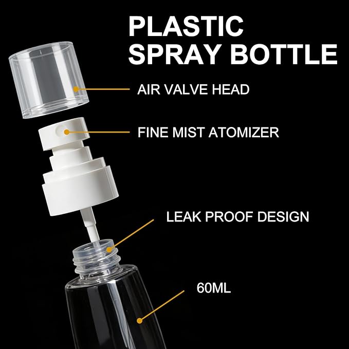 2 Pack Spray Bottles 2oz/60ml, Leak Proof Fine Mist Small Empty Spray Bottles, Portable Refillable Plastic Travel Bottle for Hair Spray Toners Facial Moisturizing