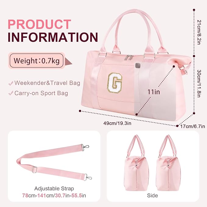 Dance Gym Duffel Bag for Teen Girls, Personalized Initial Travel Weekender Bag,Cute Overnight Carry On Duffle for Women,Sports Travel Cheer Bag,Monogram Christmas Gifts for Tween Preppy(pink-G)