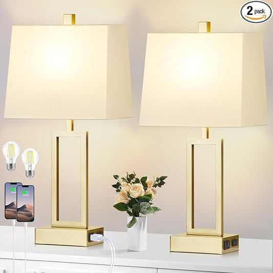 Lolikit 23.5" Touch Control Table Lamps, Metal Bedside Lamp for Bedroom Set of 2 with USB A+C Ports & AC Outlet, 3-Way Dimmable Nightstand Lamp for Living Room (LED Bulb Included)