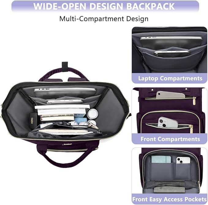 Focdod Women Laptop Backpack Work Bag - Fits 15.6 inch with Laptop Compartment Waterproof Professional Fashion Travel Purse for College Nurse Business Computer Backpack Dark Purple