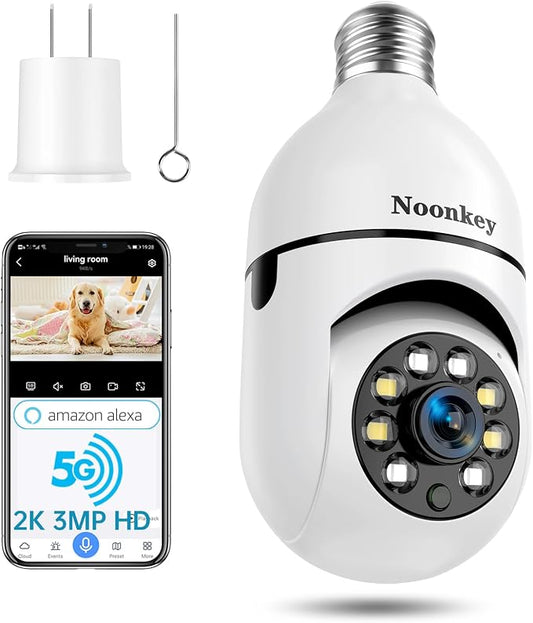 Noonkey 2K/3MP Light Bulb Security Camera, 5G& 2.4GHz WiFi Alexa E27 360° Light Socket Camera for Outdoor, Wireless WiFi Home IP Camera with Motion Tracking Alarm, Color Night Vision,Two-Way Talk