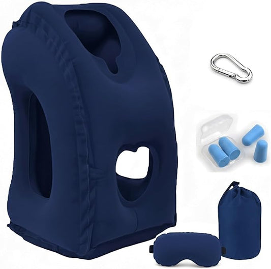 Inflatable Travel Pillows for Airplane, Blow Up Neck Pillow for Sleeping for Long Flight Support Neck,Head & Shoulder, Used for Travelling Car/Airplane/Office Nap-Comes with Eye Mask and Earplugs_Blue