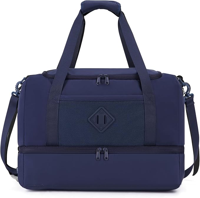 WANDF Travel Duffel Bag with Wet Pocket & Shoe Compartment, 18x14x8 Personal Item Bag with USB Charging Port, Water-Resistant Gym Weekender Overnight Carry-on for Women Men (Blue)