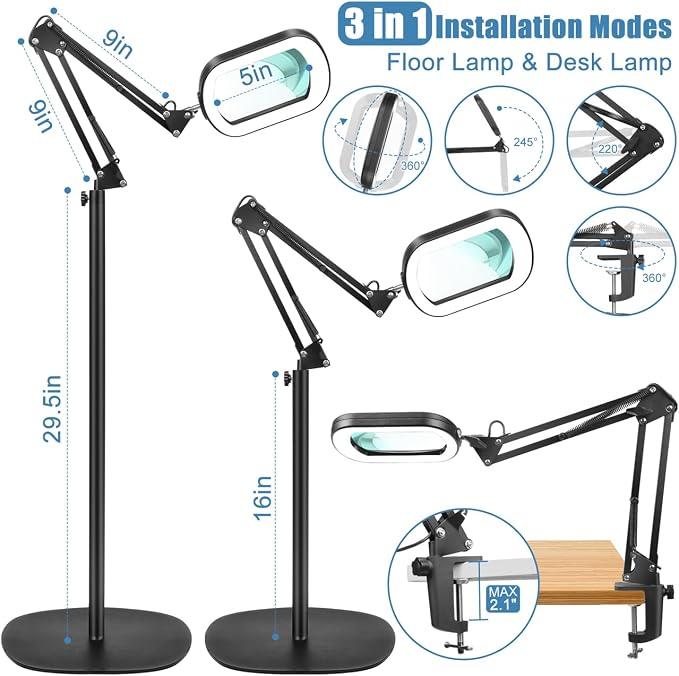 IVMAIE 12X Magnifying Glass with Light and Stand, Real Glass Lens, 5 Color Modes LED Dimmable Lighted, 3-in-1 Floor Lamp with Clamp, Hands Free Magnifier for Reading, Craft Painting Close Work, Black