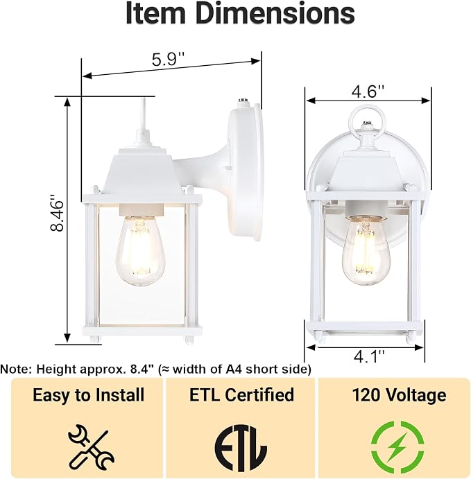 Outdoor Wall Light Fixture, Rustproof Aluminum, Clear Glass | Dusk to Dawn Exterior Porch Light Wall Sconce Lantern for House, Patio, Garage, Waterproof, E26 Socket 60W Max, White, 1 Pack