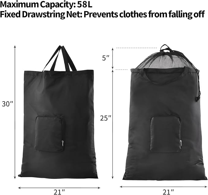 Travel Laundry Bag, JHX Foldable Dirty Clothes Bags 【Upgraded】 with Fixed Drawstring Net, Handles and Carabiner, Portable Laundry Bags for Travel, Fitness, and Students (Deep-black) 30"H x 21"W