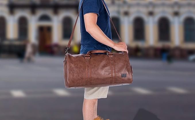 Leather Travel Bag with Shoe Pouch, Waterproof Weekender Overnight Bag,Carry On Duffel Bag for Men Women-Brown
