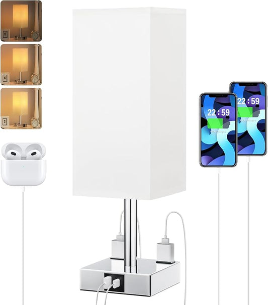 White Touch Table Lamp for Bedroom - Dimmable, USB C+A, 2 AC Outlets | 3-Way Dimming, 3000K Bulb Included, Square White Lampshade and Silver Base, Desk Lamp for Nightstand, Living Room, Dorm