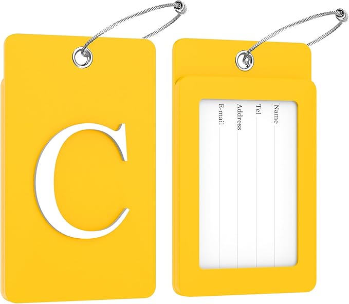 Gostwo 2 Pack Luggage Tags for Suitcases, 26 Initial Letter Travel Luggage Baggage Identification Labels ID Tag Fully Bendable Tags with Stainless Steel Loop (Yellow) (Letter C)
