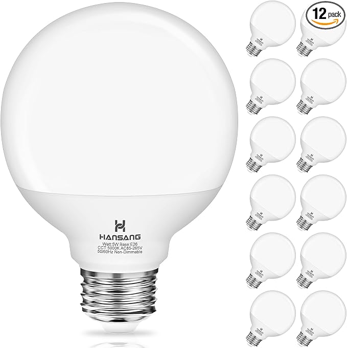 12 Pack G25 Globe Vanity Bathroom Light Bulbs 60W Equivalent 5000K Daylight | E26 LED Light Bulbs，CRI85+ Eye-Friendly, Type G Round Light Bulb Over Mirror, 120V, 5W, 500LM E26 Base, Non-Dimmable