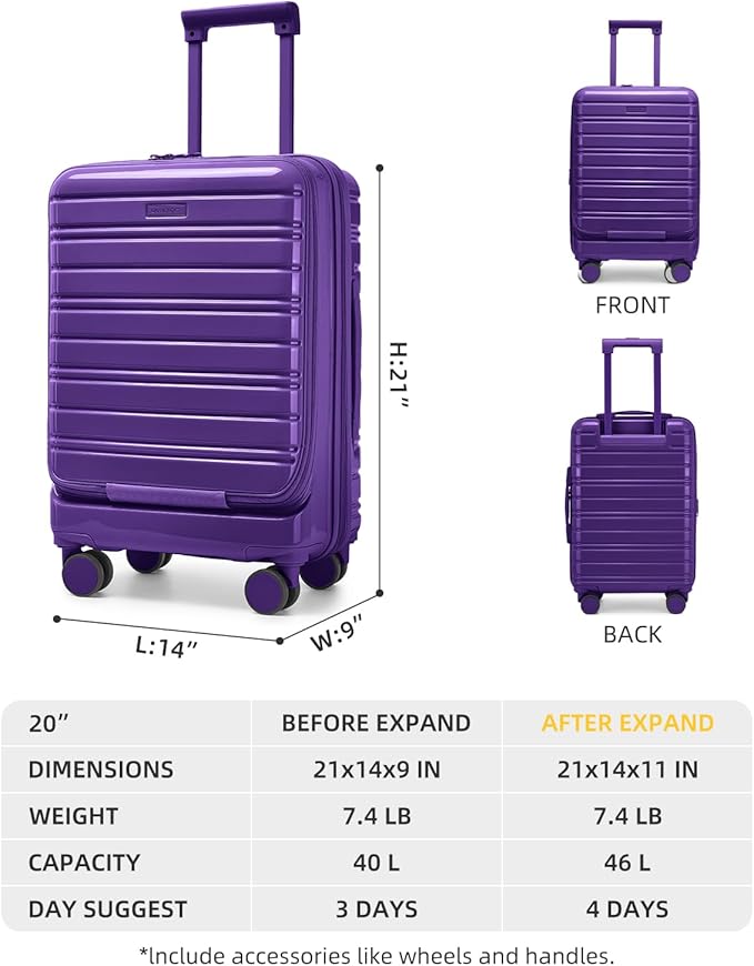 LARVENDER Carry On Luggage 22x14x9 Airline Approved, 20 Inch Expandable PC+ABS Hardside Carry On Luggage with Front Pocket Spinner Wheels TSA Lock for Women Men (Purple)